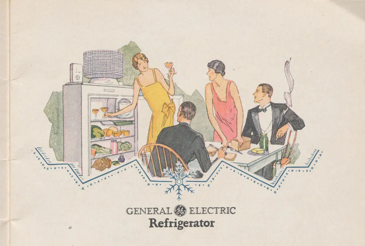 Colored line illustration of two women in 1920s drop-waist gowns and two men in suits lounging at a kitchen table in front of an open refrigerator holding wine glasses. Below are the words: General Electric Refrigerator.