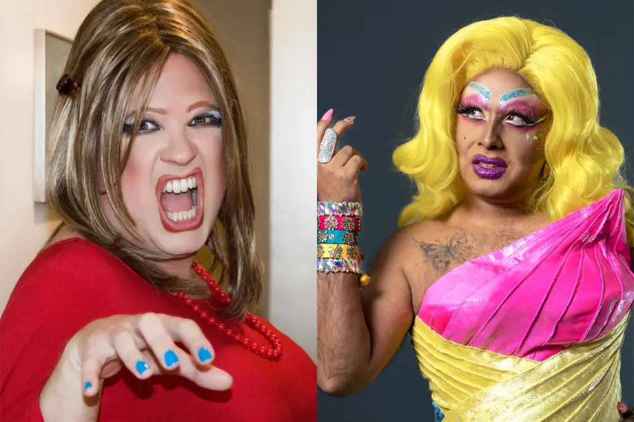 Two drag queens, one wearing a red shirt and with blue fingernails, the other a neon blond wearing a hot pink and neon yellow dress.
