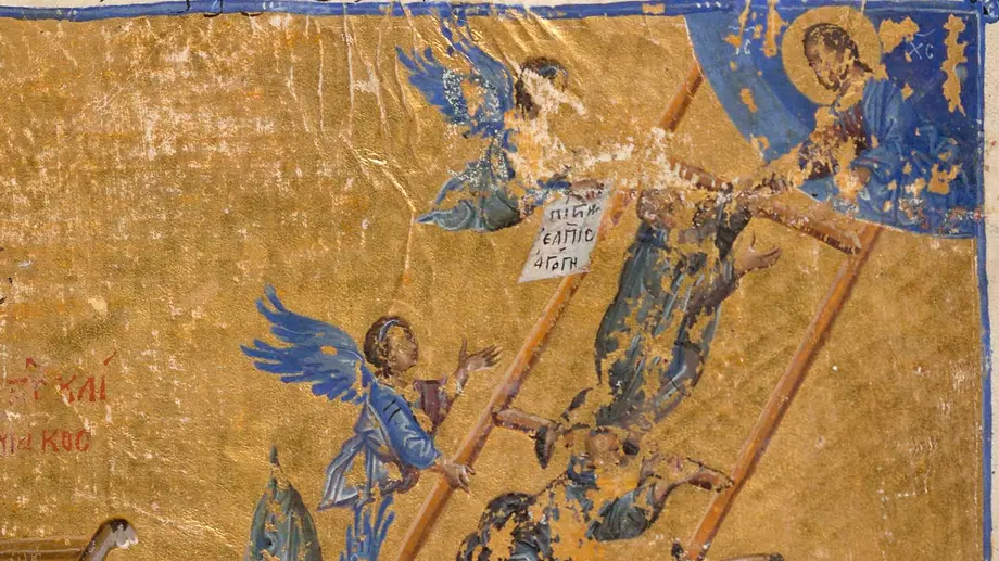 Gold and blue image with winged figures ascending a ladder
