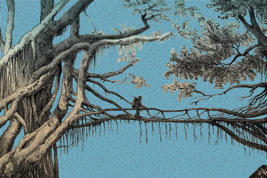 A figure crossing a bridge formed by connected trees over a background of binary code