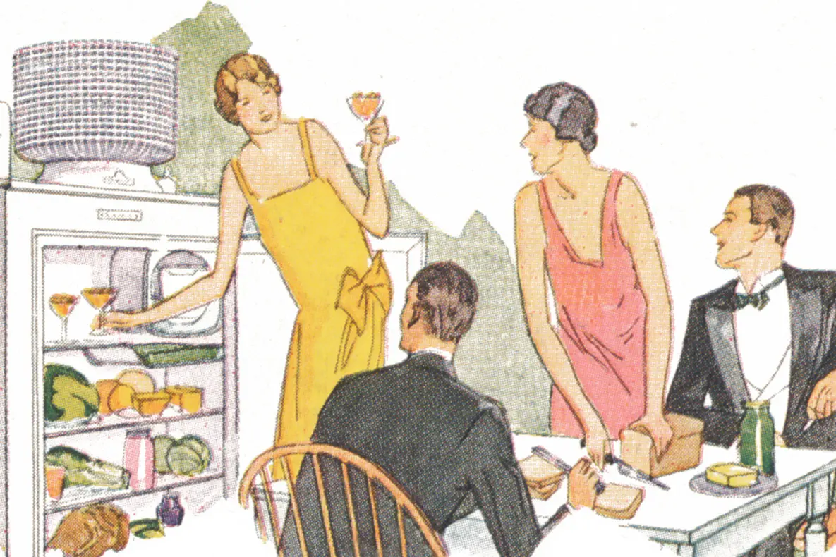 Colored line illustration of two women in 1920s drop-waist gowns and two men in suits lounging at a kitchen table in front of an open refrigerator holding wine glasses.