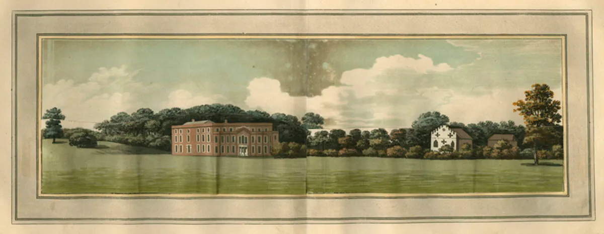 Landscape scene with a three-story building and a small church in the background.