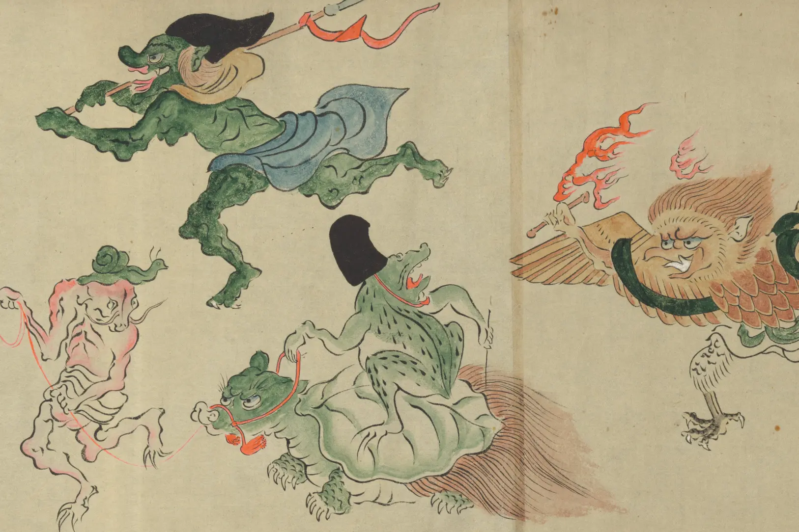 Part of a scroll with cartoonish demons in parade.