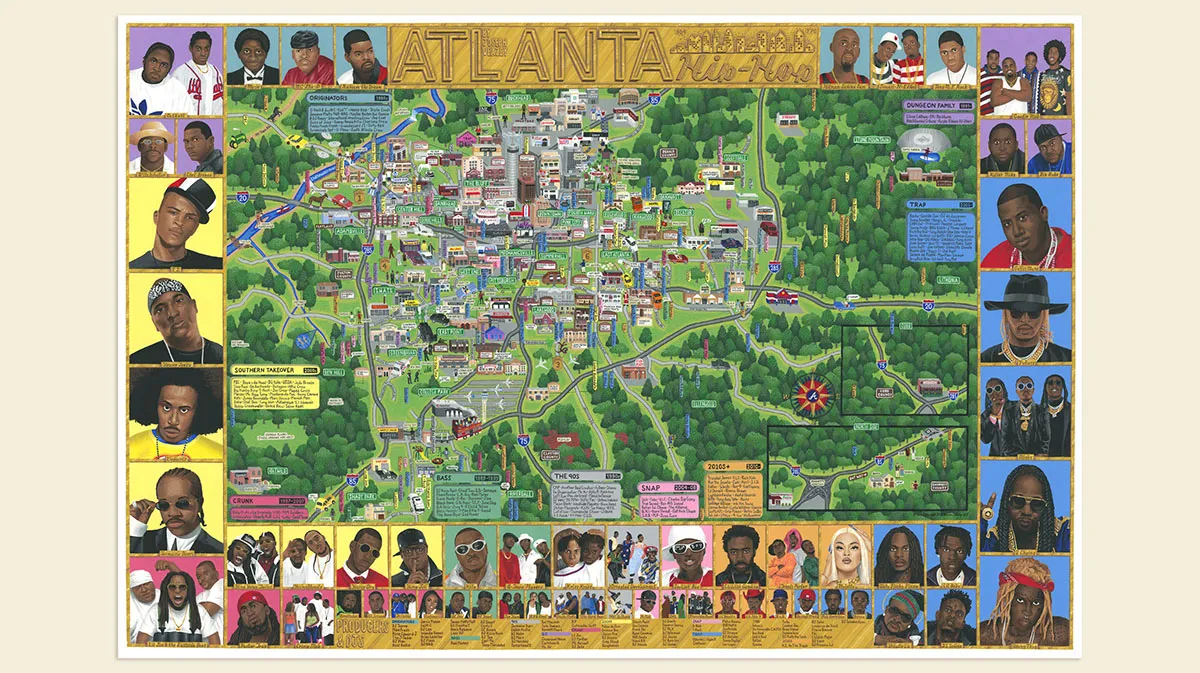 Hand painted Atlanta Hip-Hop map, with artist headshots around the perimeter.