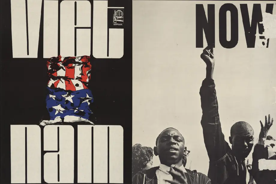 Viet Nam with a crumpled Uncle Sam hat, and a black man holding up a NOW sign.
