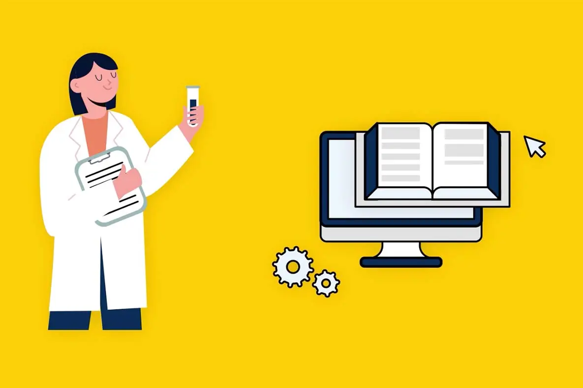 An illustration of a female presenting researcher in a lab coat holding a clipboard and test tube, next to a collage of gears, a computer monitor, an open book, and a mouse cursor.