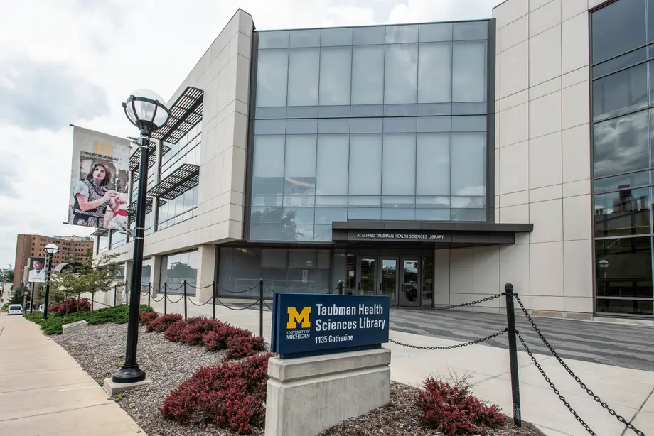 exterior of the taubman health sciences library building entrance