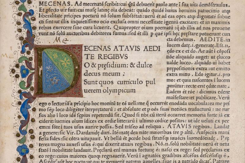 Scan of a page with hand-decoration along the lefthand side of the page, in blue, red, and green.
