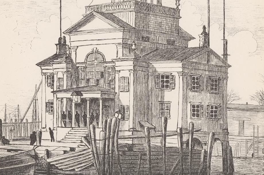 Black-and-white line drawing of a two-story waterfront building with shutters, chimneys, and a tower-like upper section. People stand near the entrance, while a boat and docks are visible in the foreground.