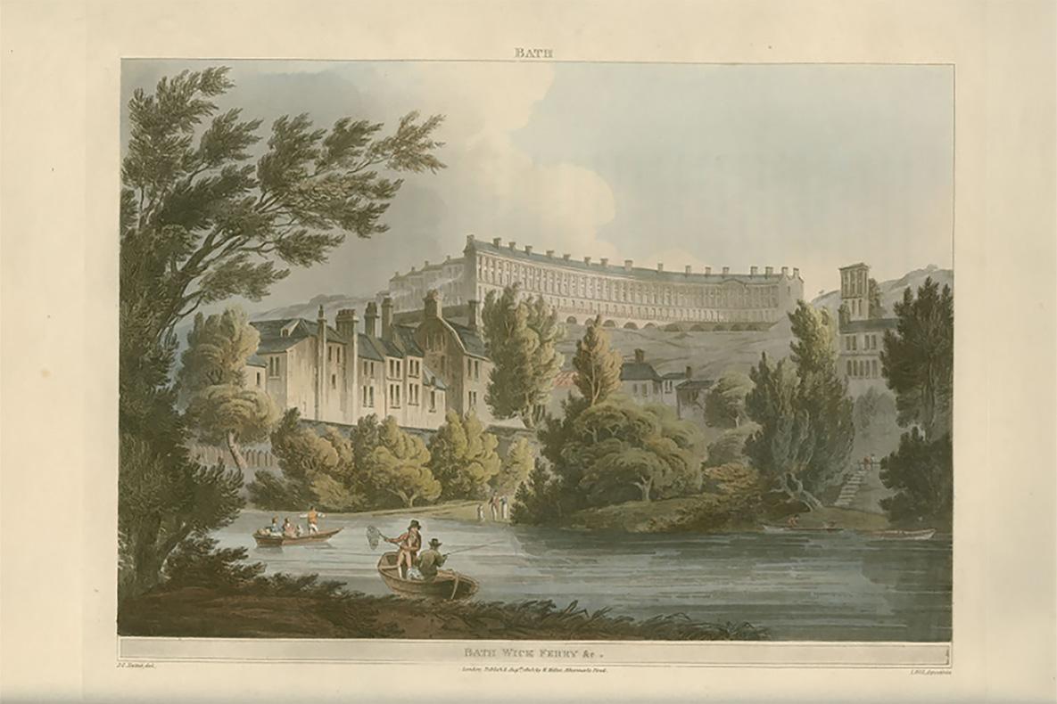 Aquatint engraving of a terrace of white buildings in the background, with picturesque trees and shrubs around a blue lake in the foreground. There are two small row boats in the lake, including one in which two gentlemen appear to be fishing with a rod and net. Hand colored in shades of green and blue. 