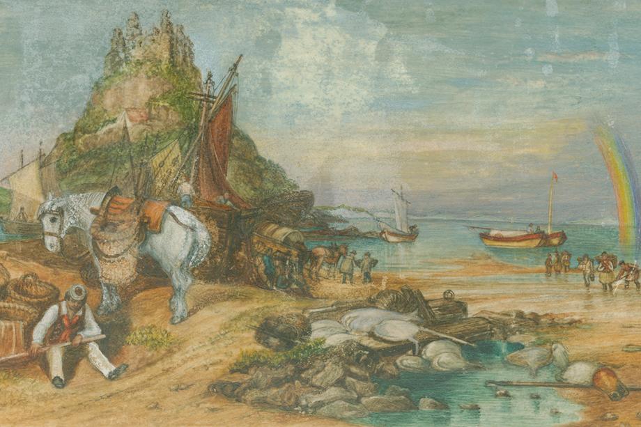 Colorful illustration of a sea shore with with boats in the water, a hill one side, and people and horses along the shore.