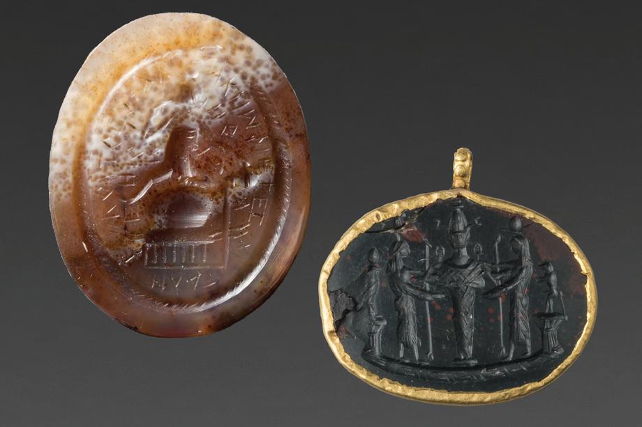 Two oval flat stones engraved with figures and letters