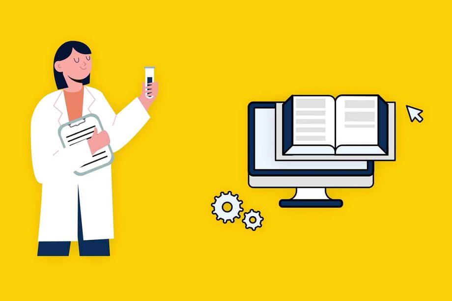 An illustration of a female presenting researcher in a lab coat holding a clipboard and test tube, next to a collage of gears, a computer monitor, an open book, and a mouse cursor.
