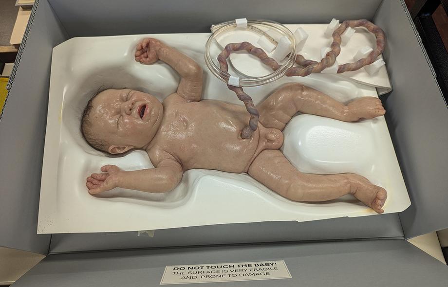 Male baby made of latex, anatomically correct, with an attached umbilical cord.
