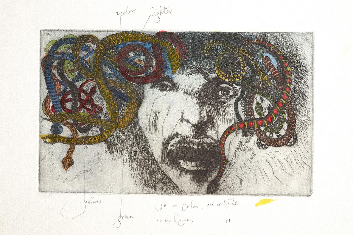 Sketch of an open-mouthed face with colorful snakes protruding from its head.