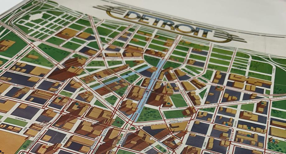 Detail from an Art Deco map of Detroit.