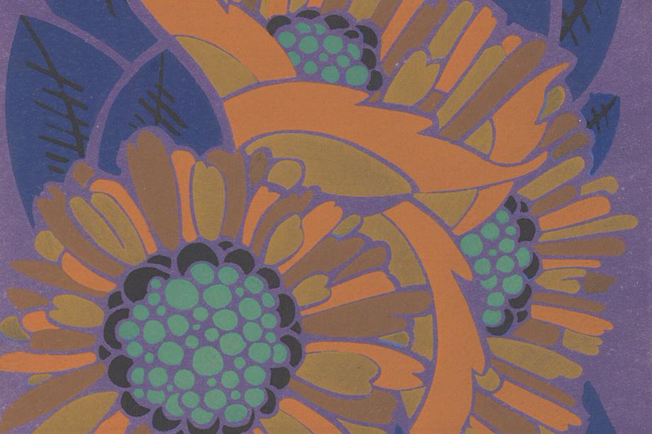 A close up pattern of yellow, orange, and teal sunflowers on a purple background.