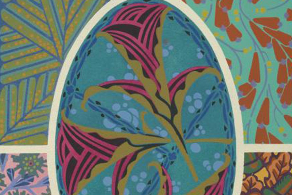 Several colorful stencil patterns, with a center oval depicting pink flowers.