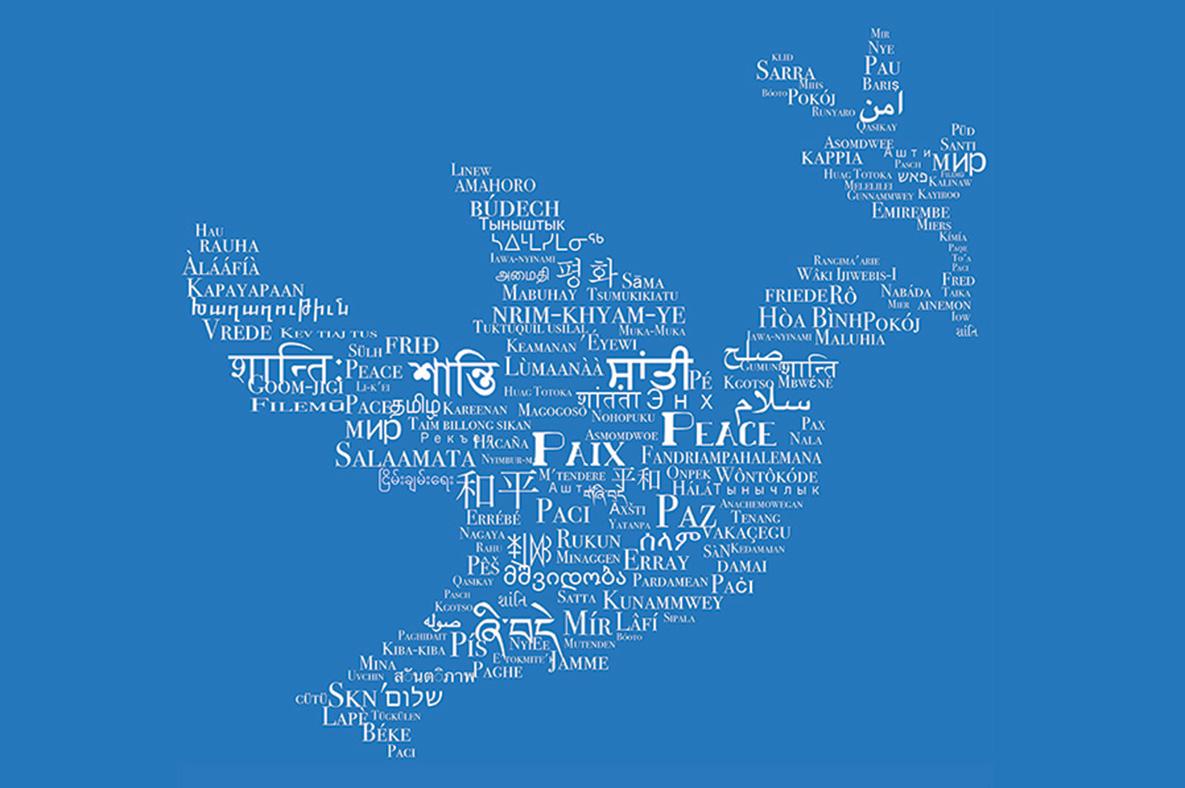 Dove formed out of words for peace in many languages.