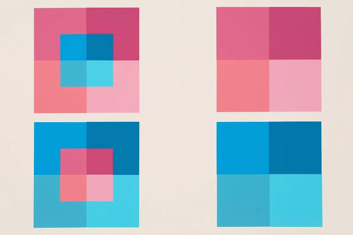 Four squares of color made up of smaller squares of blues and pinks.