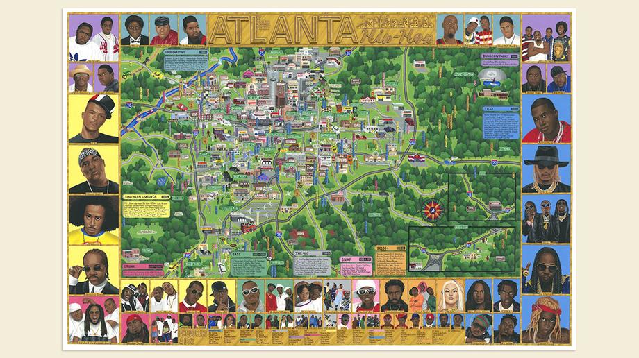 Hand painted Atlanta Hip-Hop map, with artist headshots around the perimeter.