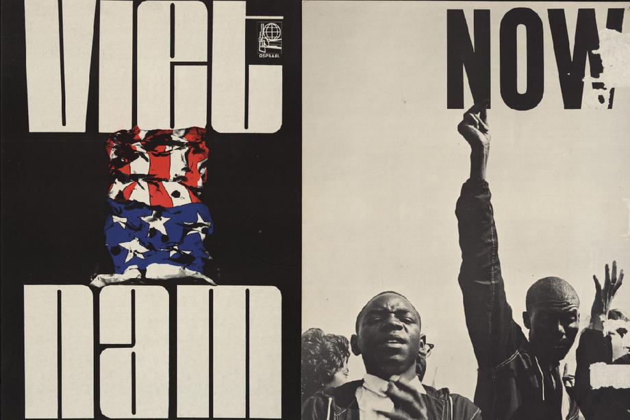 Viet Nam with a crumpled Uncle Sam hat, and a black man holding up a NOW sign.