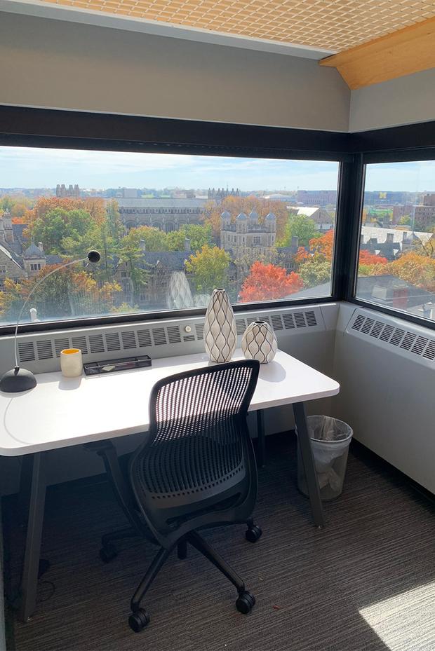 Study carrel renovated with donor funds that has a maize ceiling, nice desk lamp, and beautiful view of campus with fall colors.